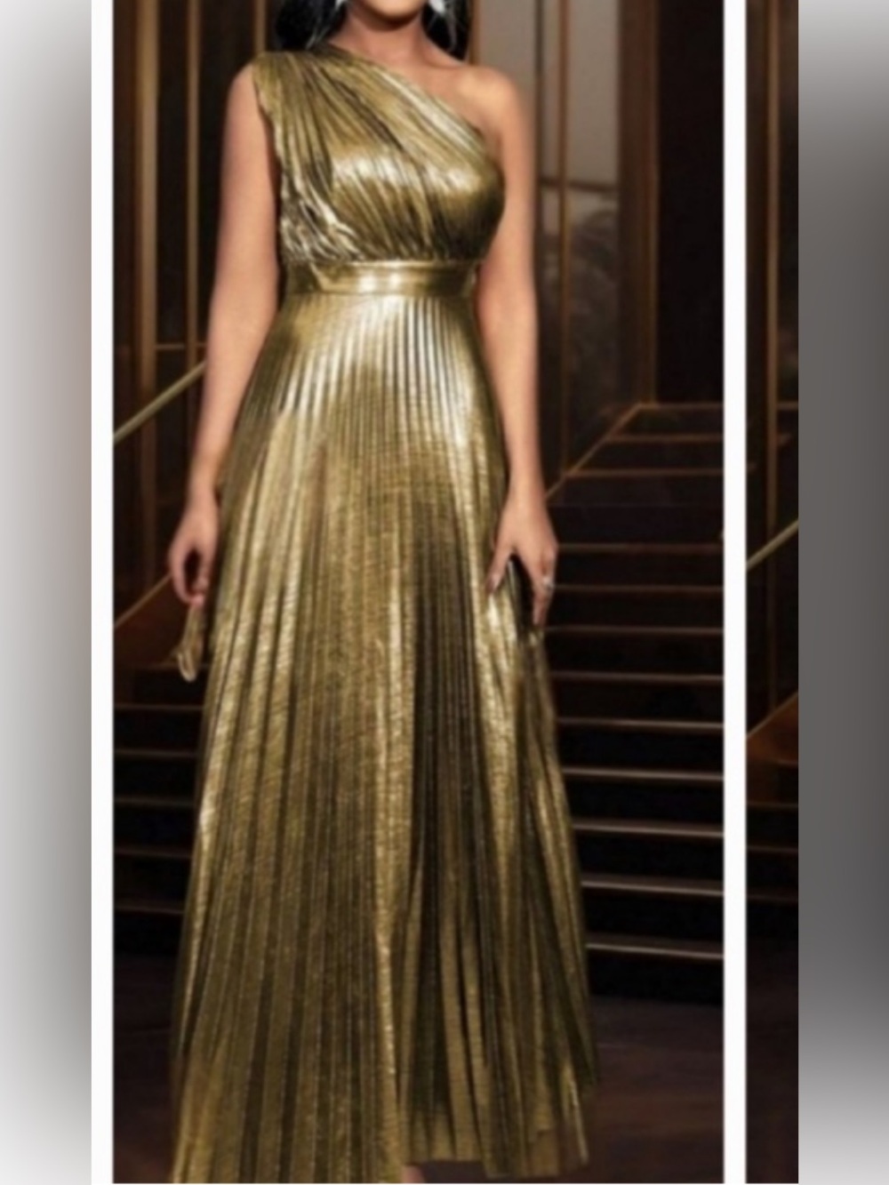 NWT AOMEI One-Shoulder Metallic Gold Pleated Maxi dress size S.